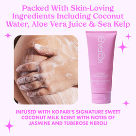 Close-up of Kopari Hydrating Body Wash ingredients including organic coconut water