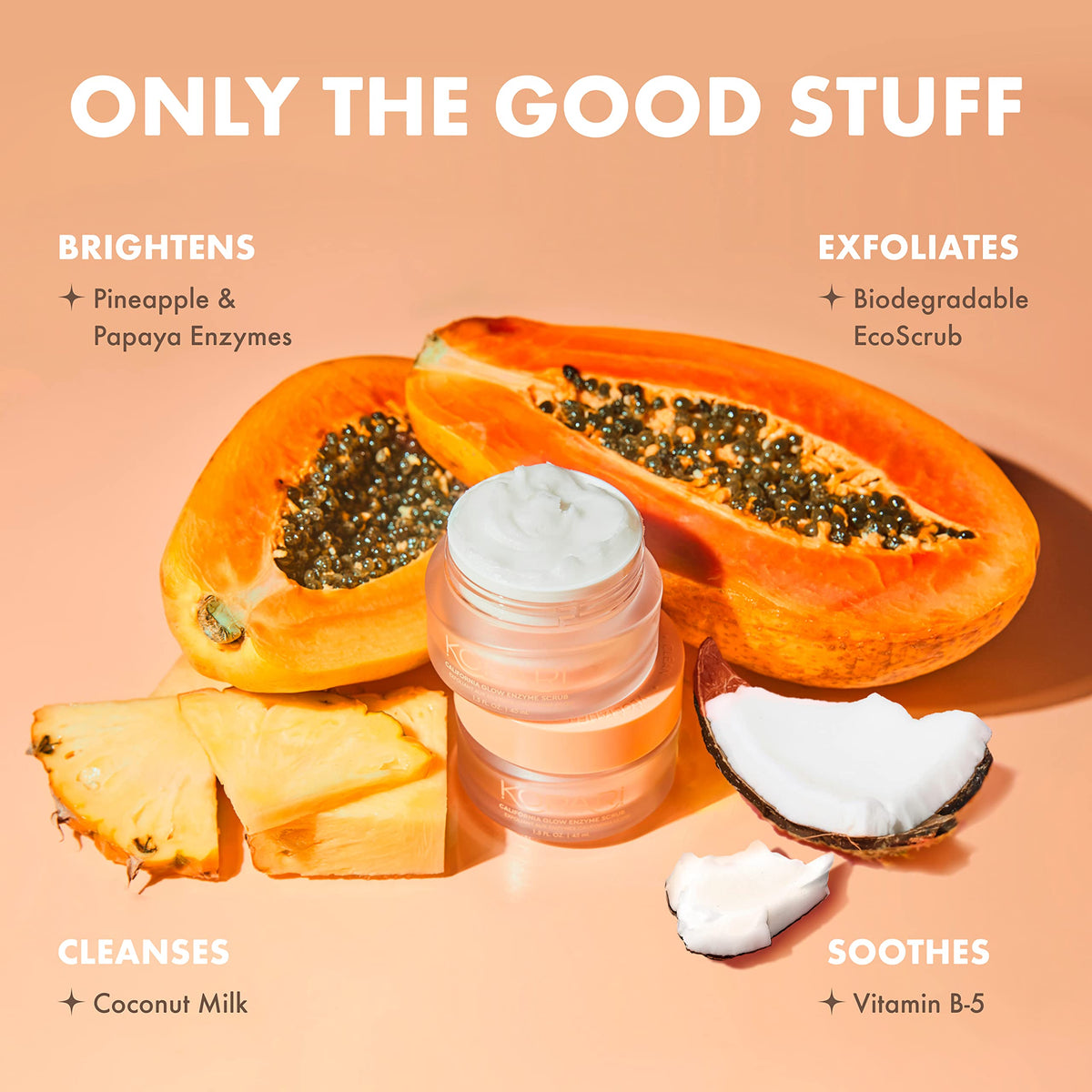 Coconut oil ingredients in Kopari California Glow scrub highlight natural hydration