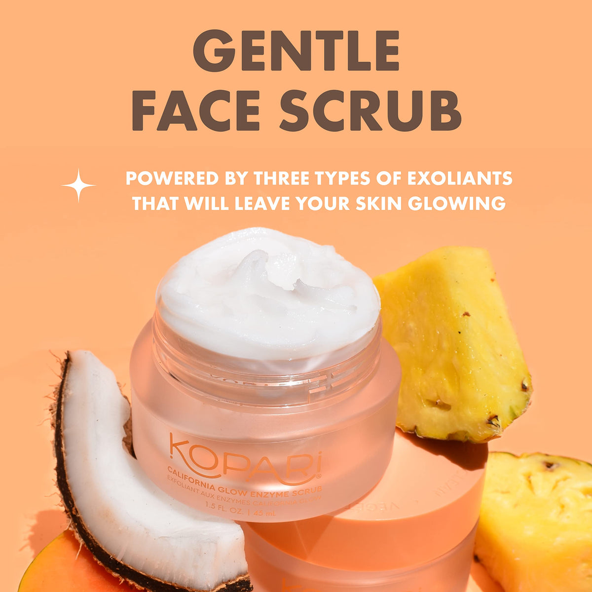 Close-up of Kopari California Glow enzyme scrub jar showing creamy texture