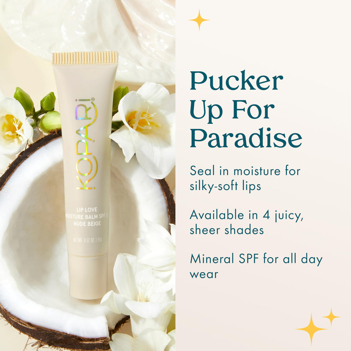 Kopari Lip Love balm demonstrating ceramide barrier support for smooth lips.