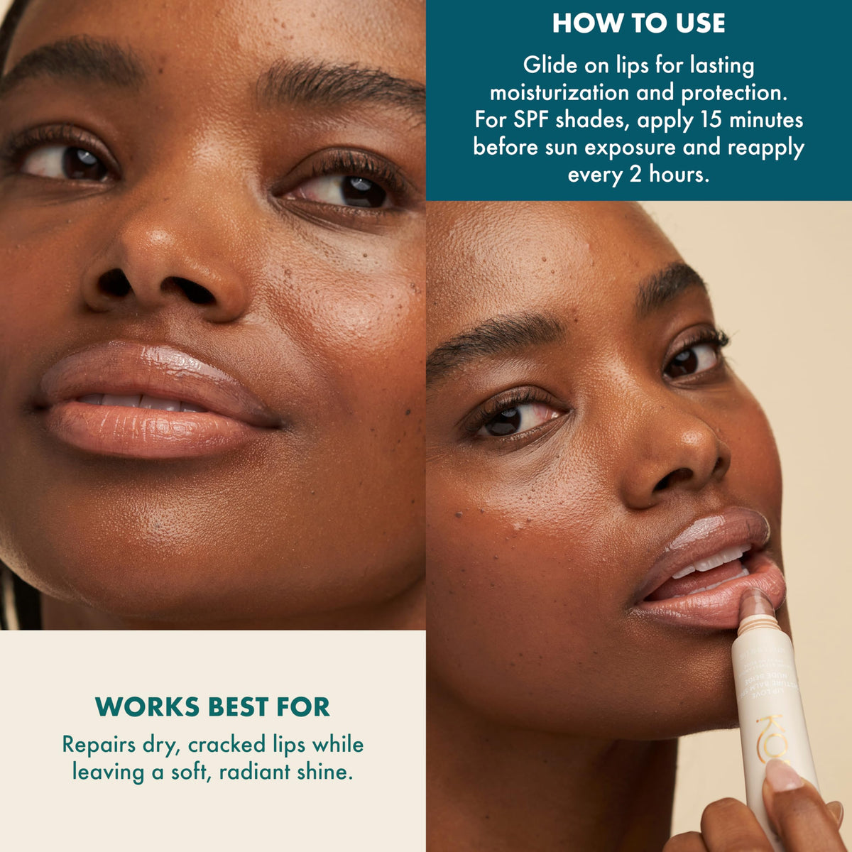 Kopari Lip Love nude beige tint on lips for everyday wear and reef-friendly sunscreen.