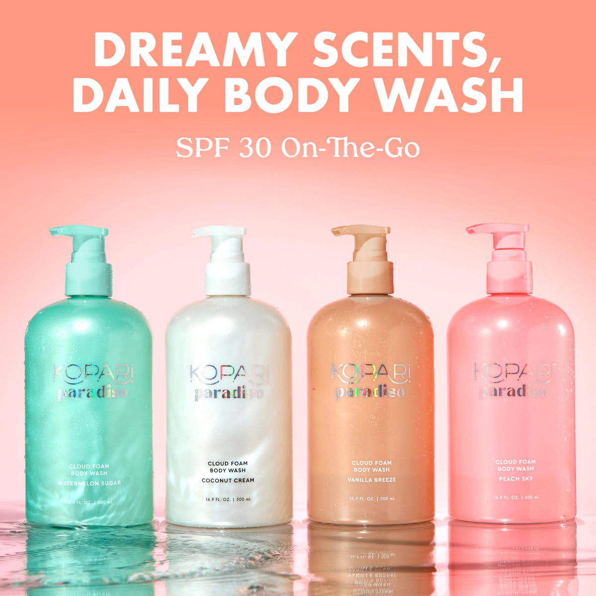 Kopari Paradiso Cloud Foam with Peach Sky pump highlighting airy lather