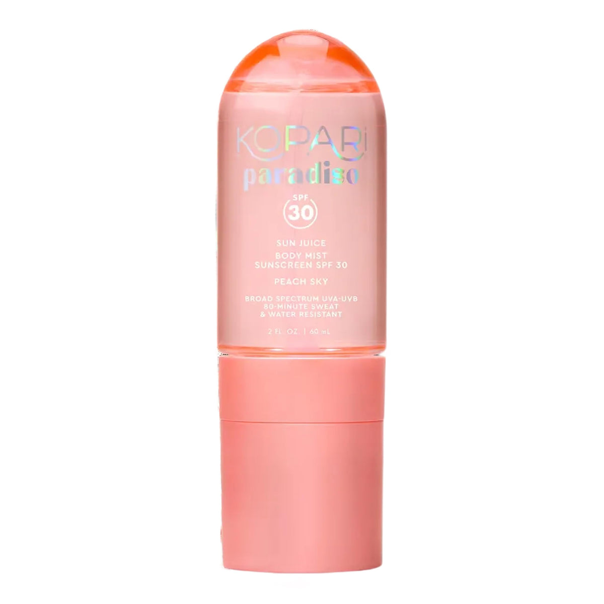 Kopari Paradiso Sun Juice SPF 30 bottle on a sunlit beach for easy SPF application.