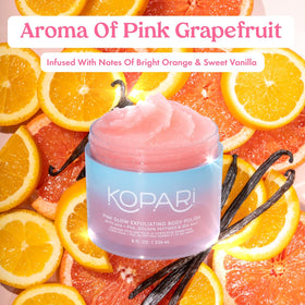 Golden peptides on bottle of Kopari Pink Glow Exfoliating Polish