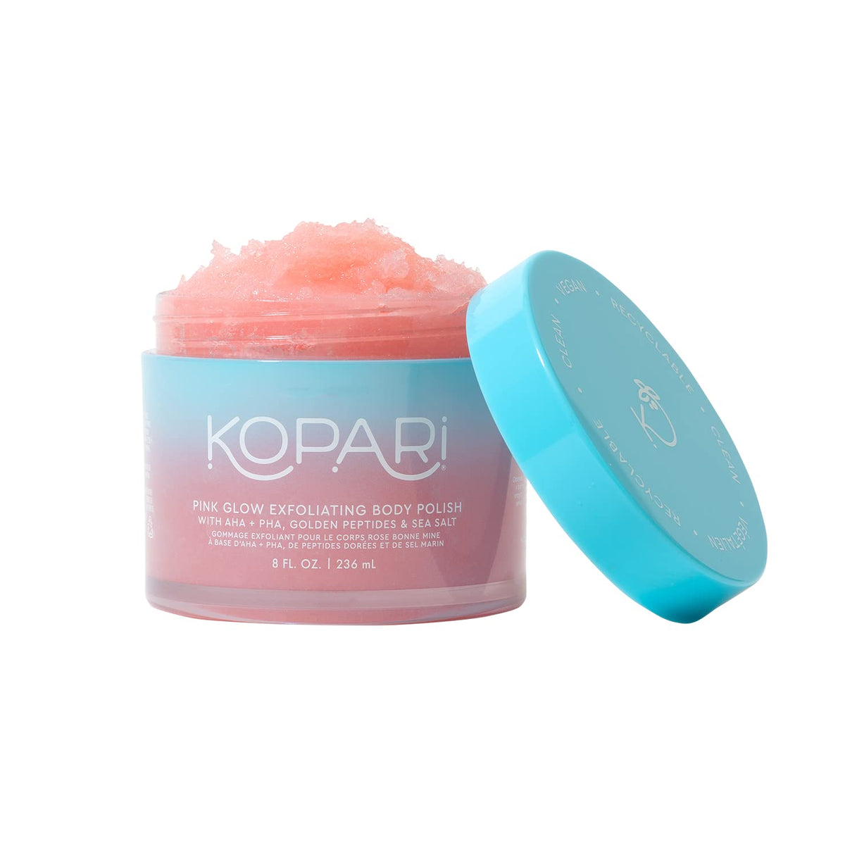 Kopari Pink Glow Exfoliating Body Polish pink haze jar for smoother skin