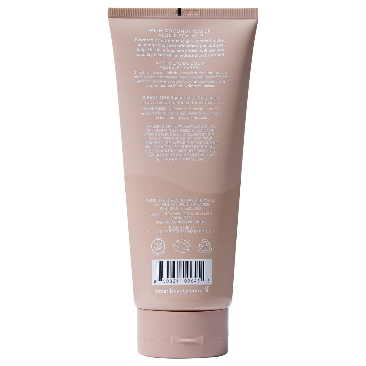 Kopari rich foam lather demonstrates creamy cleansing for shower routine.