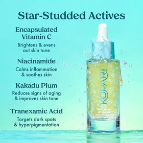 Kopari Star Bright serum application tip highlights easy, fast-absorbing use under makeup.