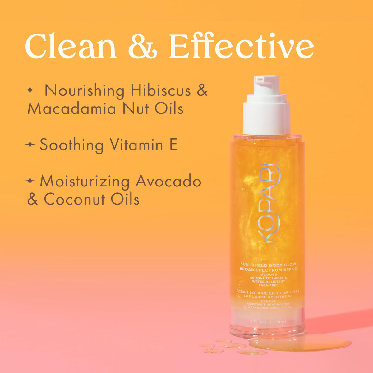 Kopari Sun Shield Body Glow SPF50 label highlights protection