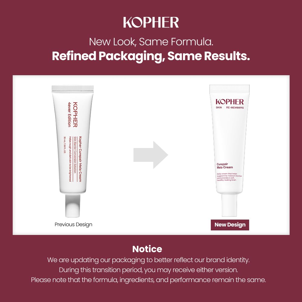 Kopher Curepair Mela Cream bottle close-up highlights 10GF for stronger skin resilience.