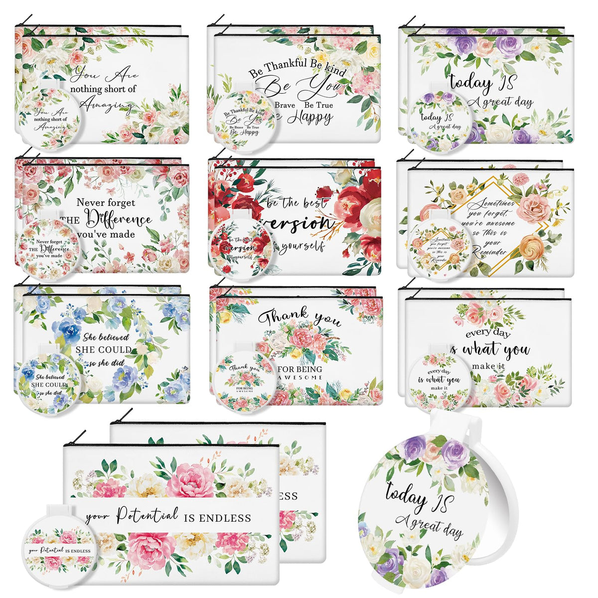 KOPOOEOE floral inspirational makeup bag front view for organized cosmetics.