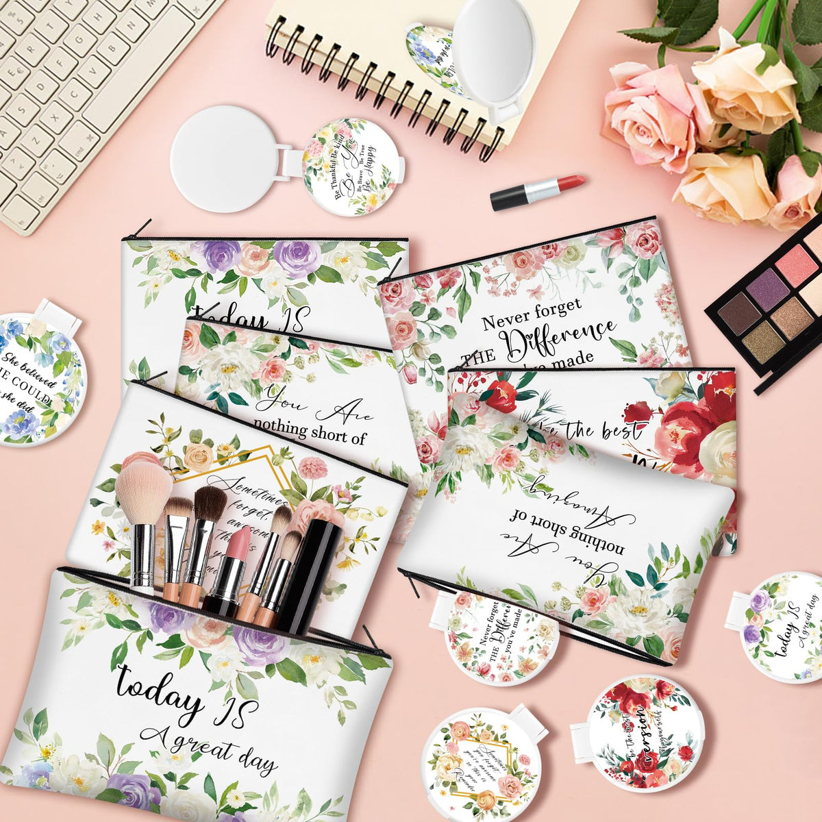 KOPOOEOE floral makeup bag set showing size 9.1 by 5.9 inches.