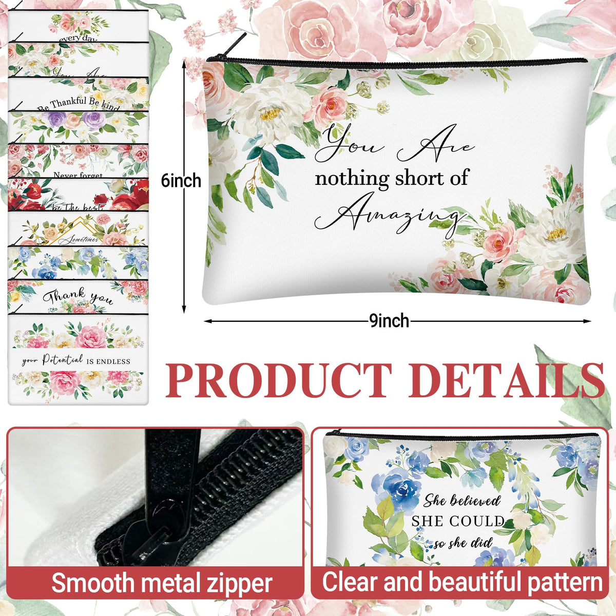 KOPOOEOE floral makeup bag zipper close-up showing durable canvas.