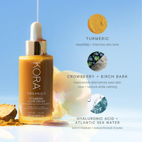 KORA Organics Turmeric Glow Drops and mineral-rich Atlantic sea water imagery.