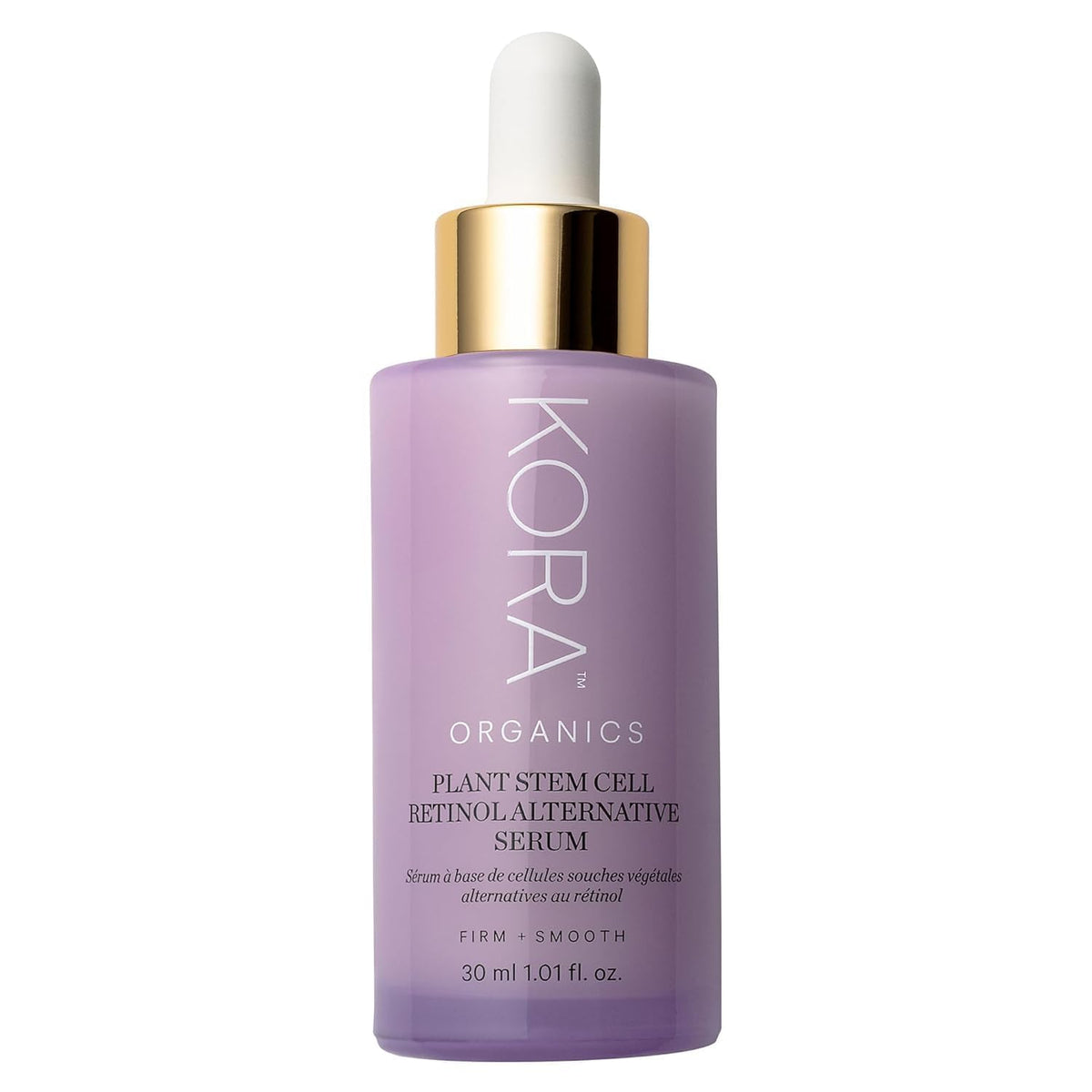 KORA Organics Plant Stem Cell Serum bottle close-up for gentle anti-aging care