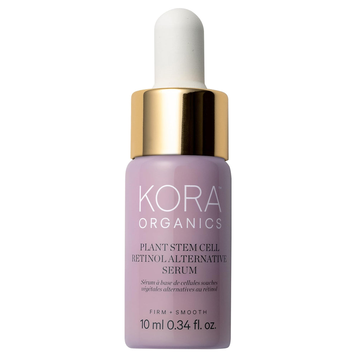 KORA Organics Plant Stem Cell Serum bottle for smoothing wrinkles and firming skin.