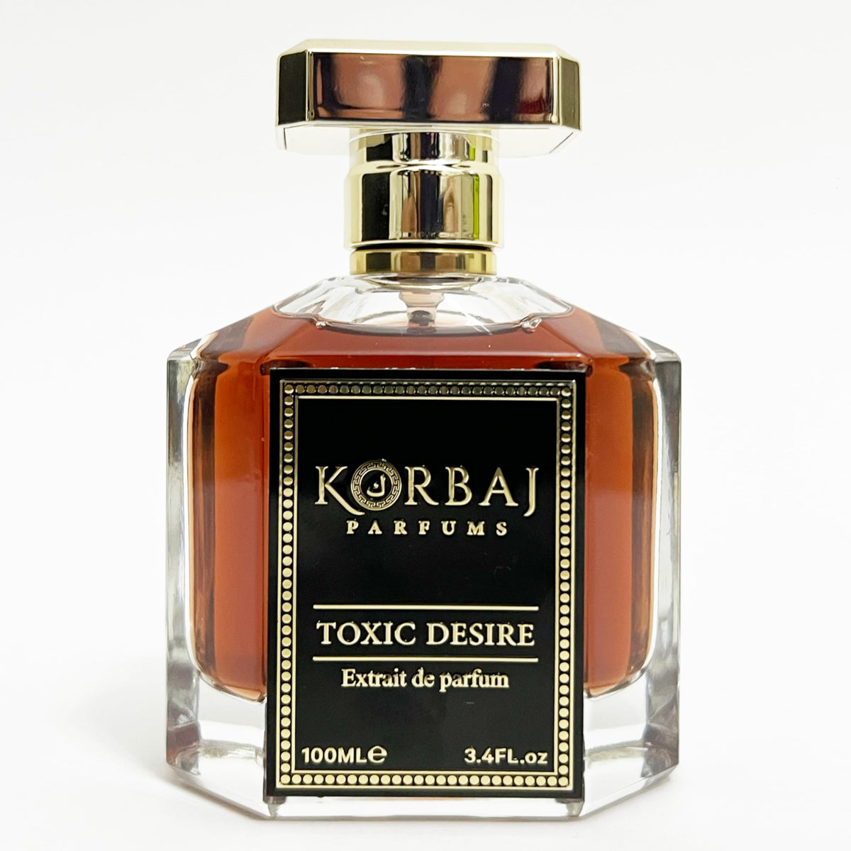 KORBAJ PARFUMS Toxic Desire bottle highlights cognac oil notes.