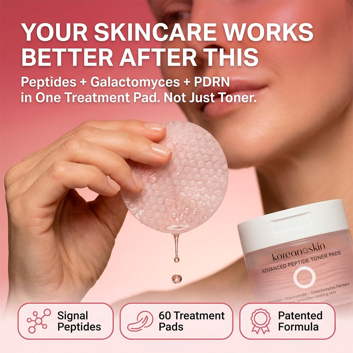 Koreana Skin Advanced Peptide Toner Pad sheet close-up shows soaked texture for hydration.