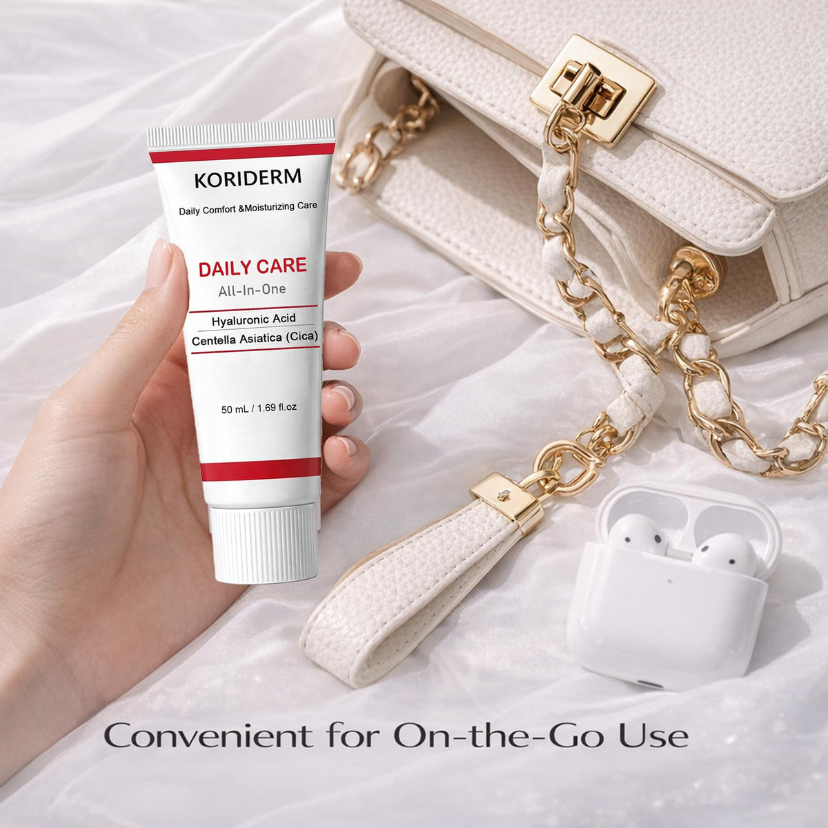 KORIDERM Cream on vanity under natural light emphasizing moisturization.