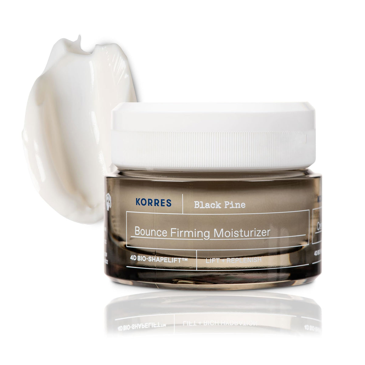KORRES Black Pine Bounce Moisturizer jar showing smooth, hydrated skin potential.