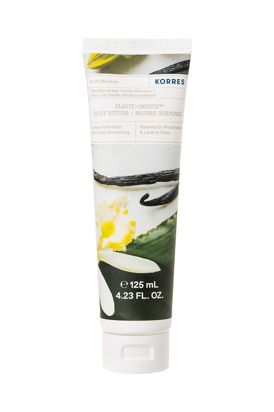 KORRES Elasti-Smooth Body Butter jar close-up showing rich hydration for dry skin.