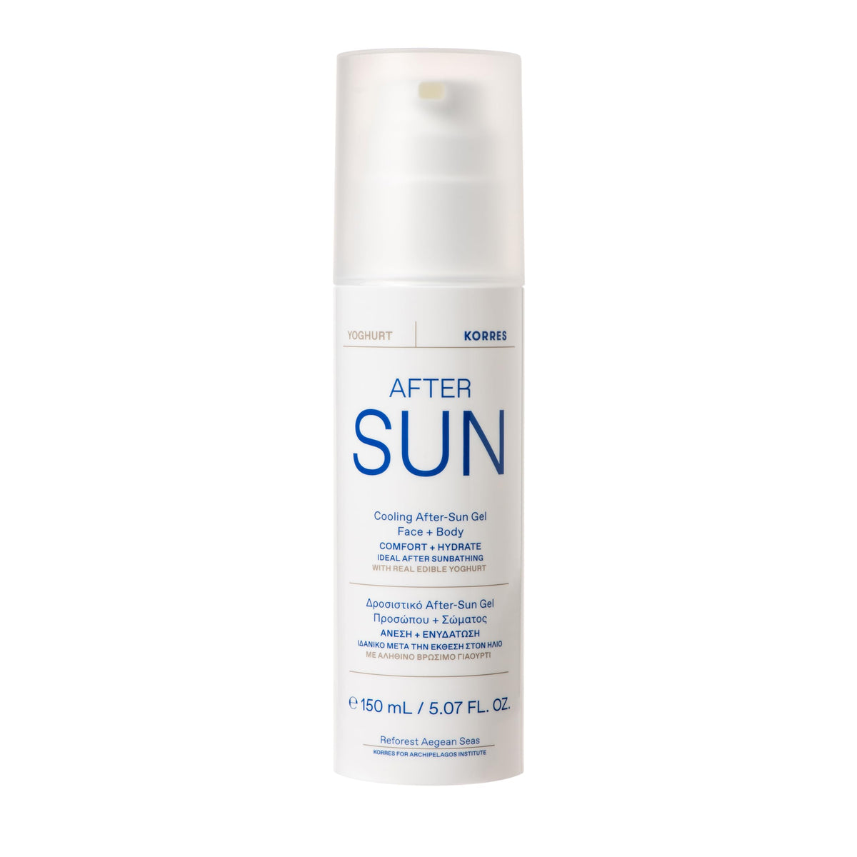 KORRES Greek Yoghurt Cooling After Sun Gel on the face with instant refreshing hydration after sun exposure.