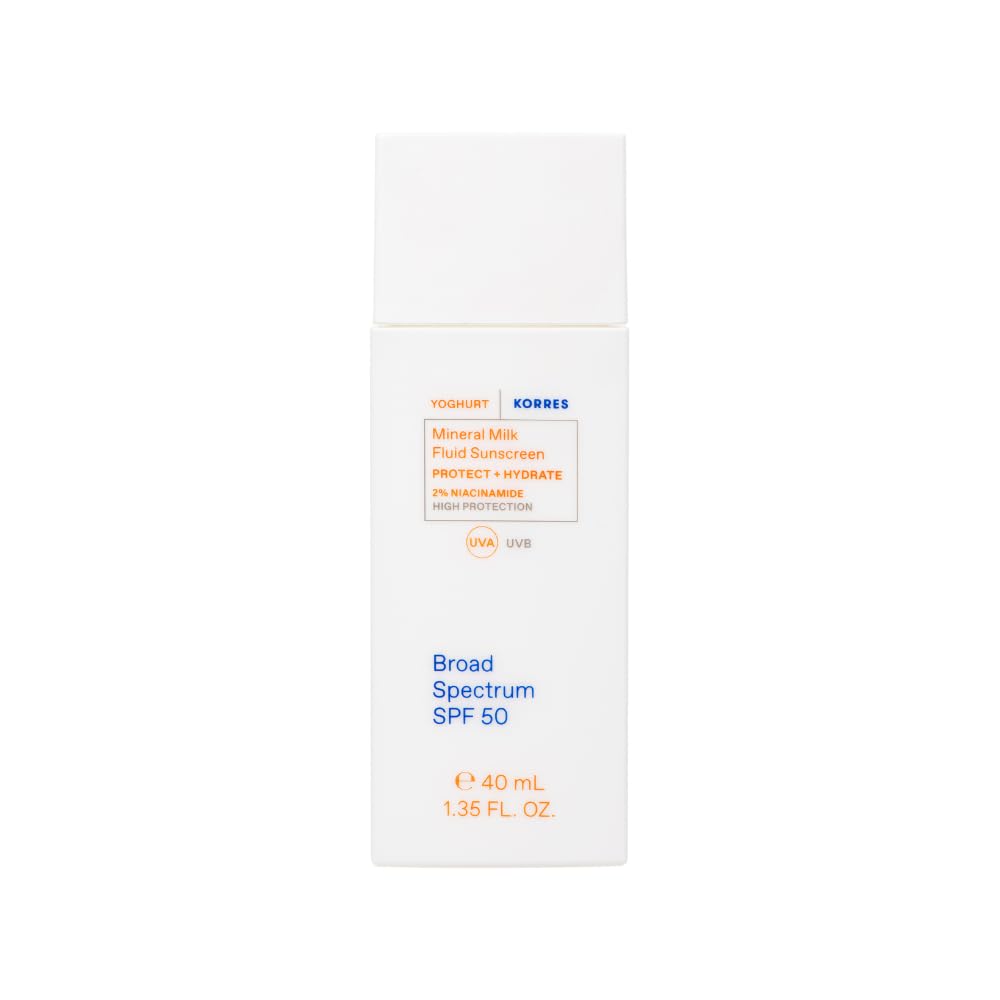 KORRES Greek Yoghurt Mineral Milk Fluid Sunscreen packaging highlights heritage and clean daily protection.