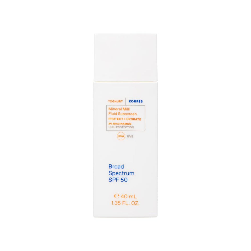 KORRES Greek Yoghurt Mineral Milk Fluid Sunscreen packaging highlights heritage and clean daily protection.