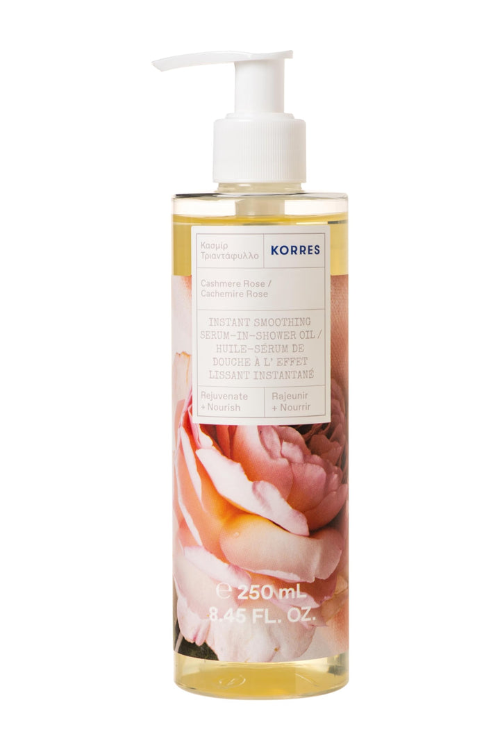 KORRES Instant Smoothing Serum-In-Shower Oil bottle pour, hydrates damp skin for silky after‑shower softness