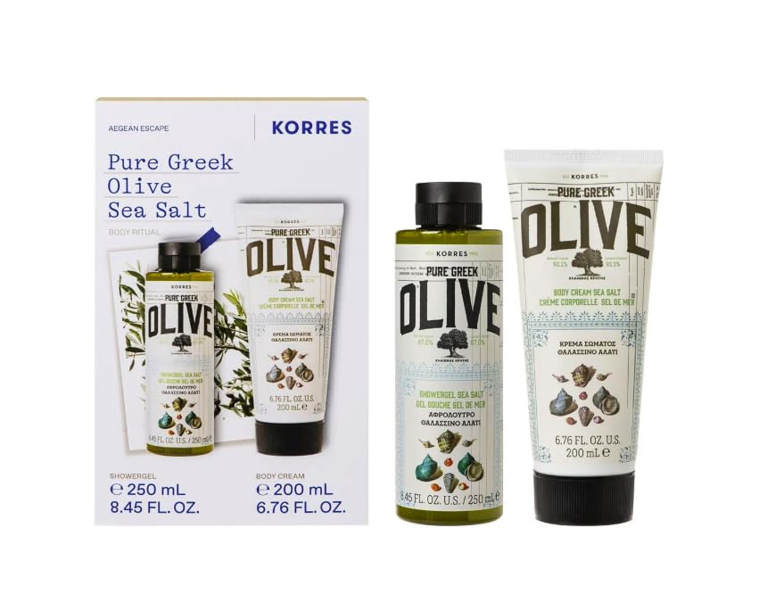 KORRES Olive Sea Salt Set showcases shower gel and body milk for deep hydration and a Mediterranean aroma.