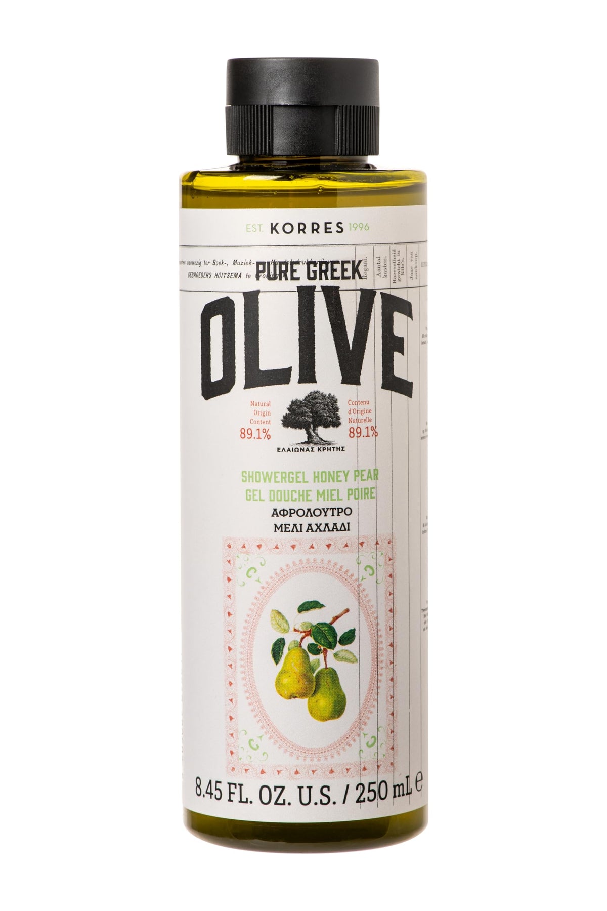 KORRES shower gel bottle featuring honey pear aroma for refreshing cleanse.