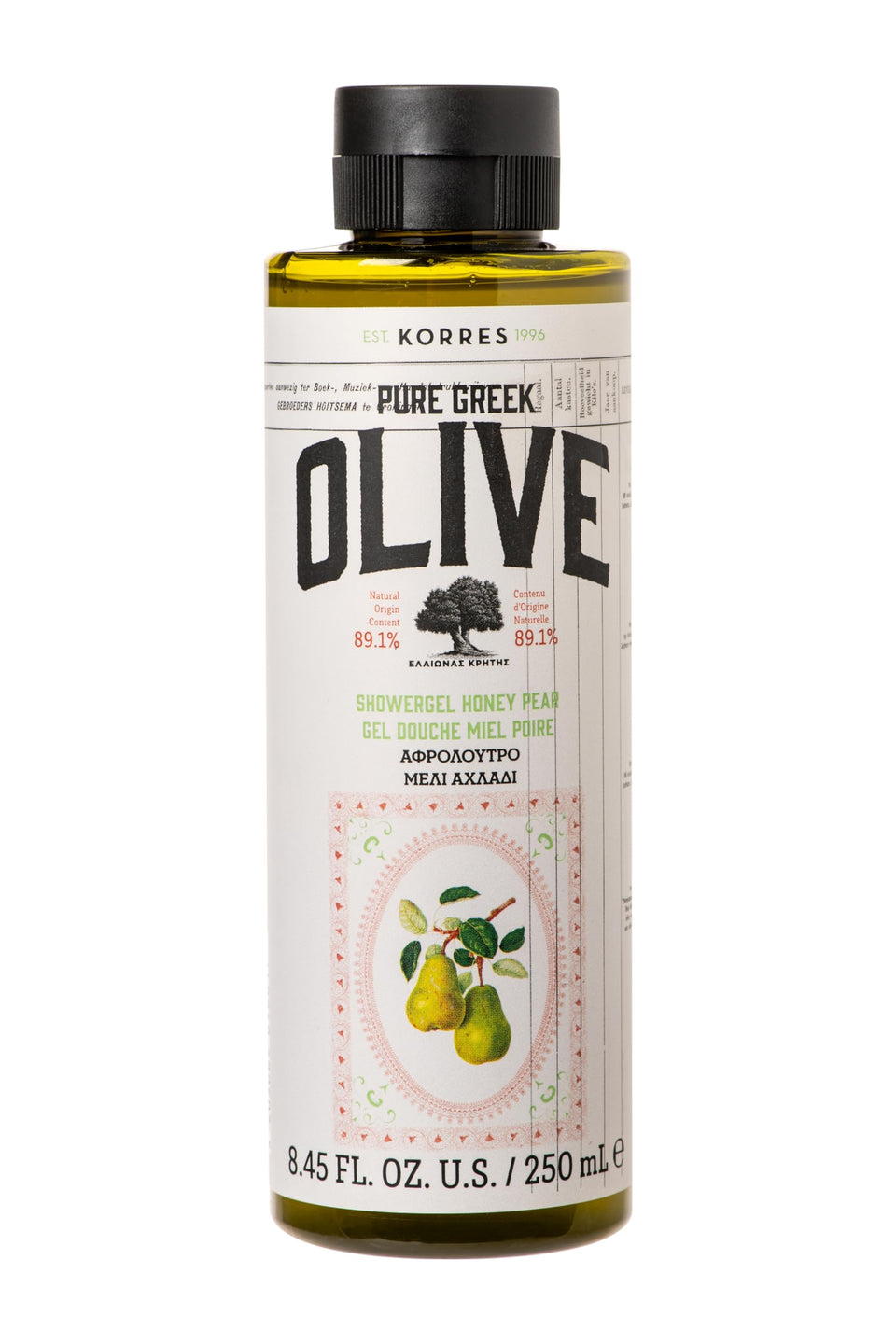 KORRES shower gel bottle featuring honey pear aroma for refreshing cleanse.