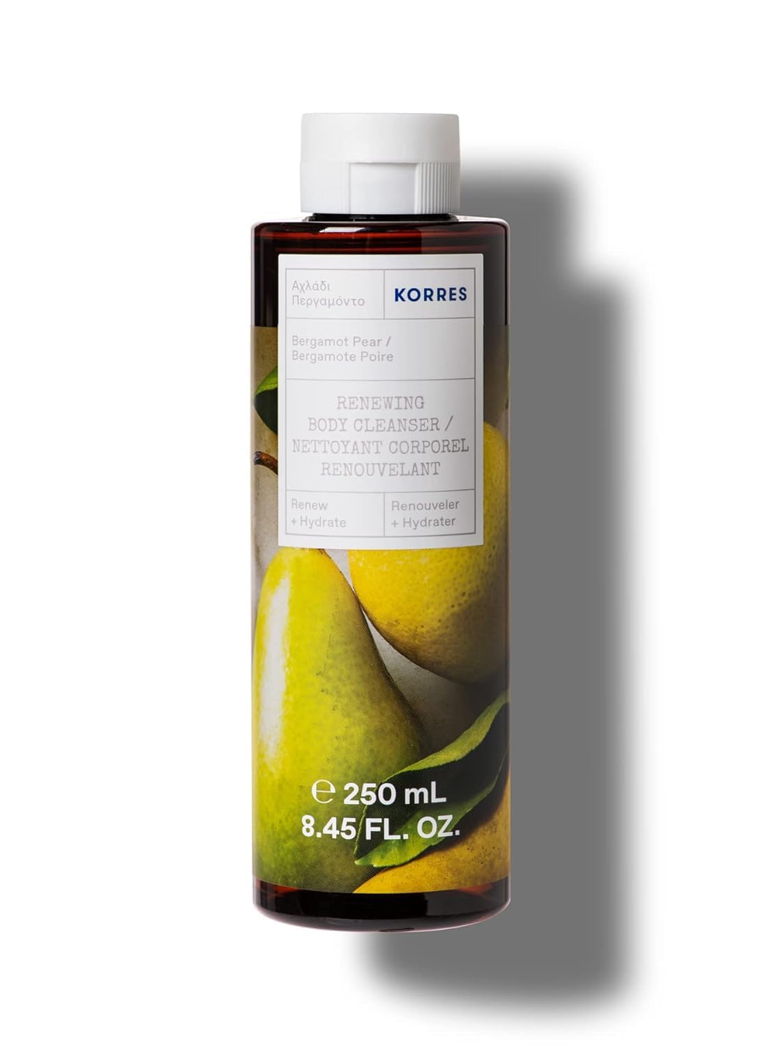 KORRES Renewing Body Cleanser Bergamot Pear bottle shows hydrating formula for skin