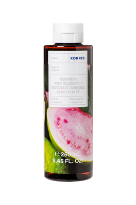 KORRES Renewing Body Cleanser Guava bottle pour shows gentle hydration for daily skin softness.