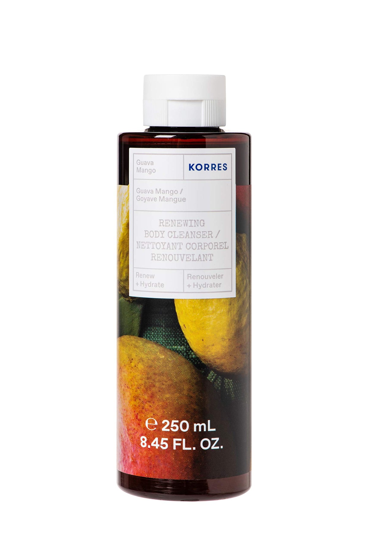 KORRES Renewing Body Cleanser Guava Mango bottle with gel-to-foam texture for daily hydration.