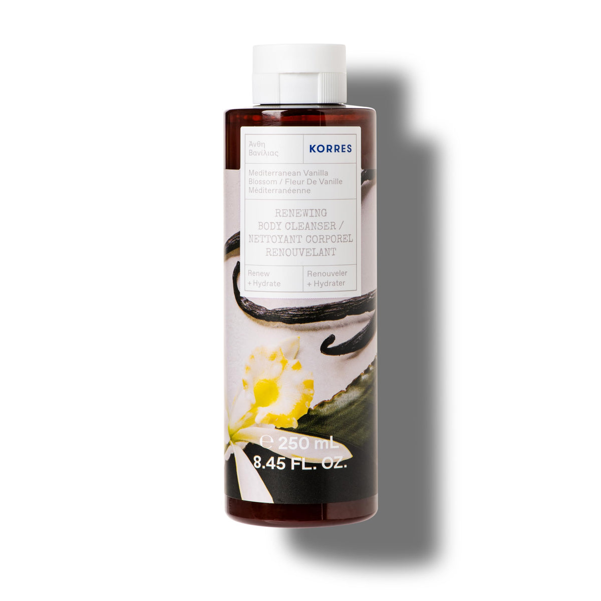 Korres Renewing Body Cleanser bottle with Mediterranean Vanilla Blossom for daily hydration