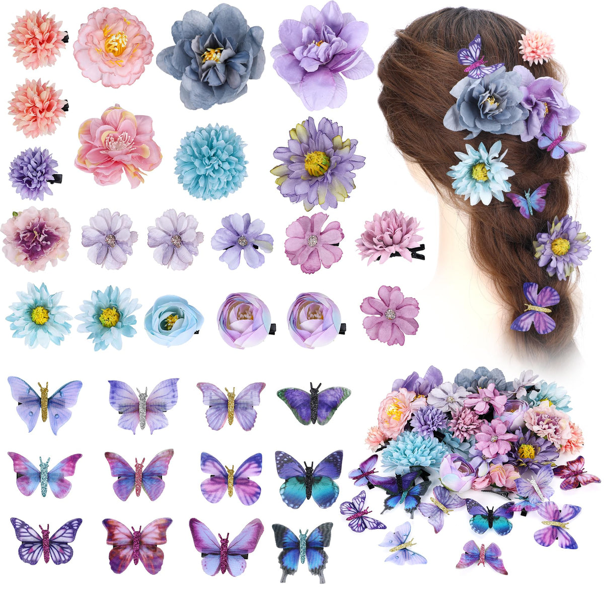 KorViSHOW flower clip blue-purple adds vibrant updo accents