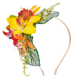 KorViSHOW headband close-up with silk orchid blooms for tropical charm.