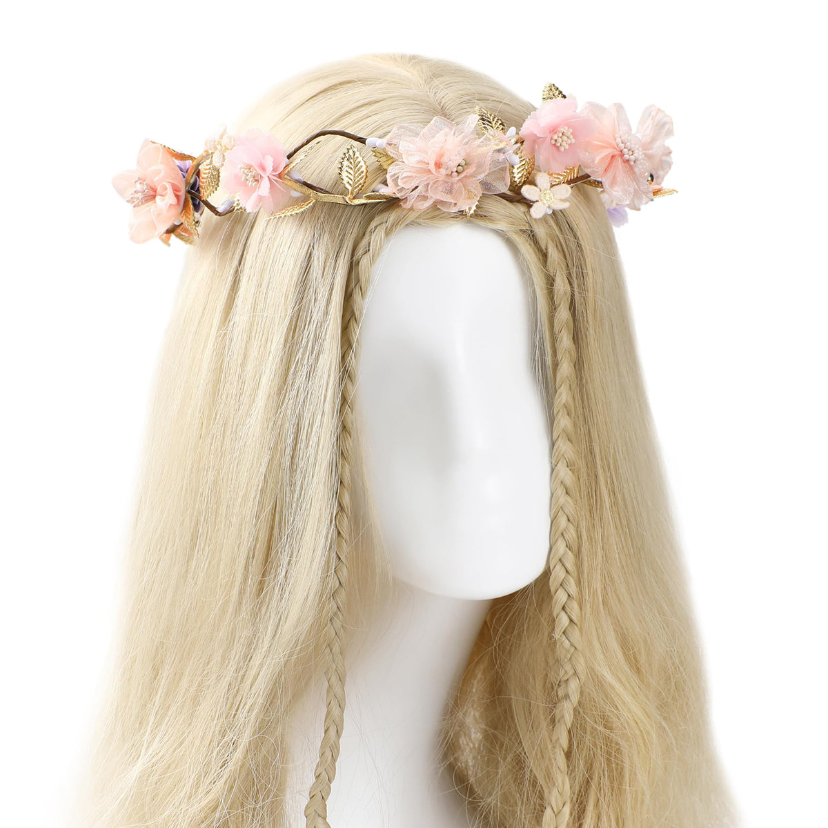 KorViSHOW Pink Flower Crown headband, back ribbon detail for adjustable fit.
