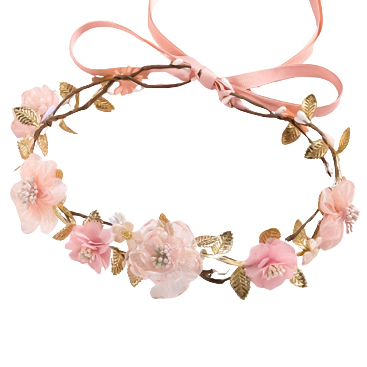 KorViSHOW Pink Flower Crown headband, front view, ideal for weddings and whimsical photo shoots.