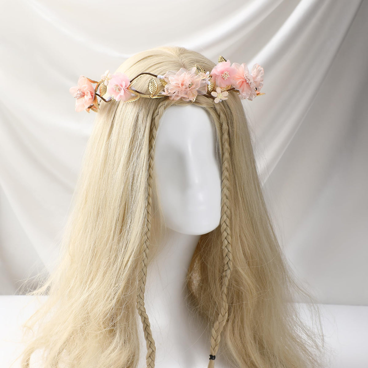 KorViSHOW Pink Flower Crown headband, side view, showcases delicate ribbons and blossoms.