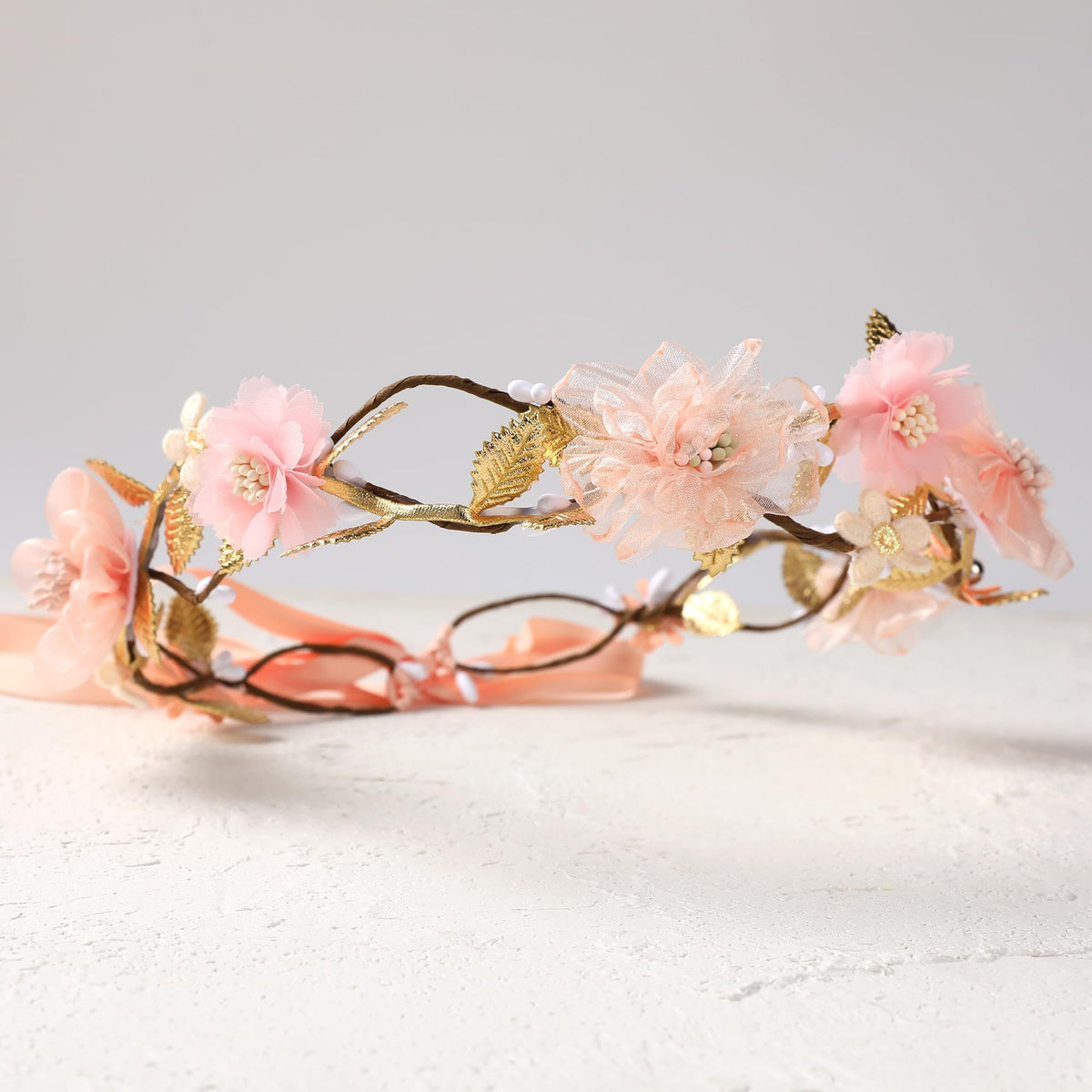 KorViSHOW Pink Flower Crown worn at a wedding, elegant fairy-tale vibe.