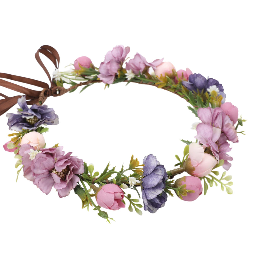 KorViSHOW purple flower crown close-up, ideal for weddings and photoshoots.