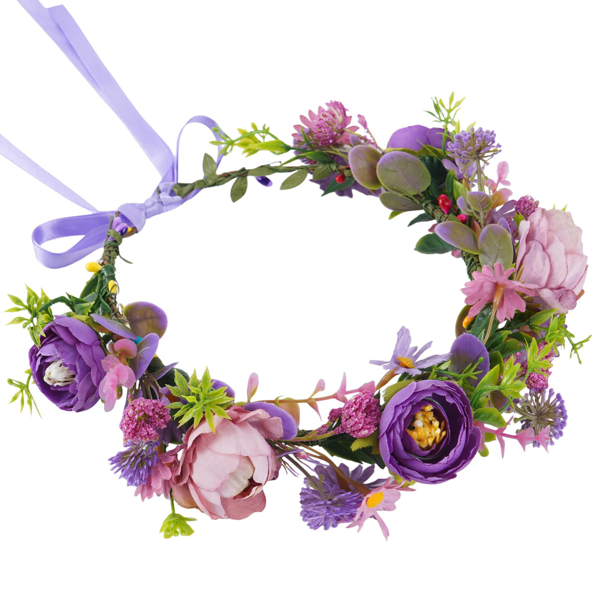 KorViSHOW purple flower crown headband for weddings and festivals.
