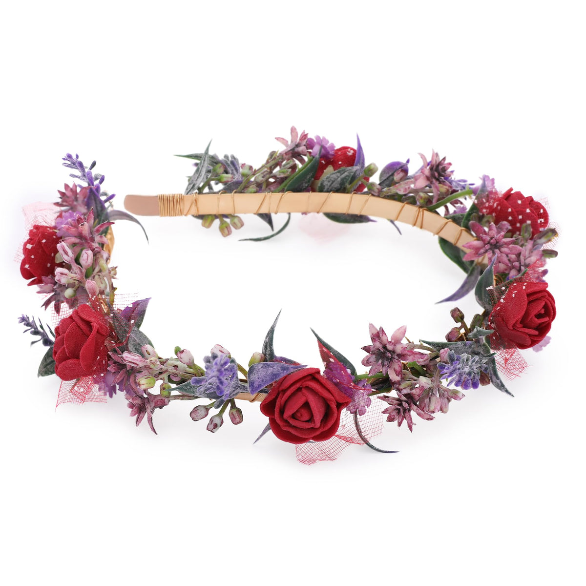 KorViSHOW red flower crown headband with lace and foam for elegant wedding styling.
