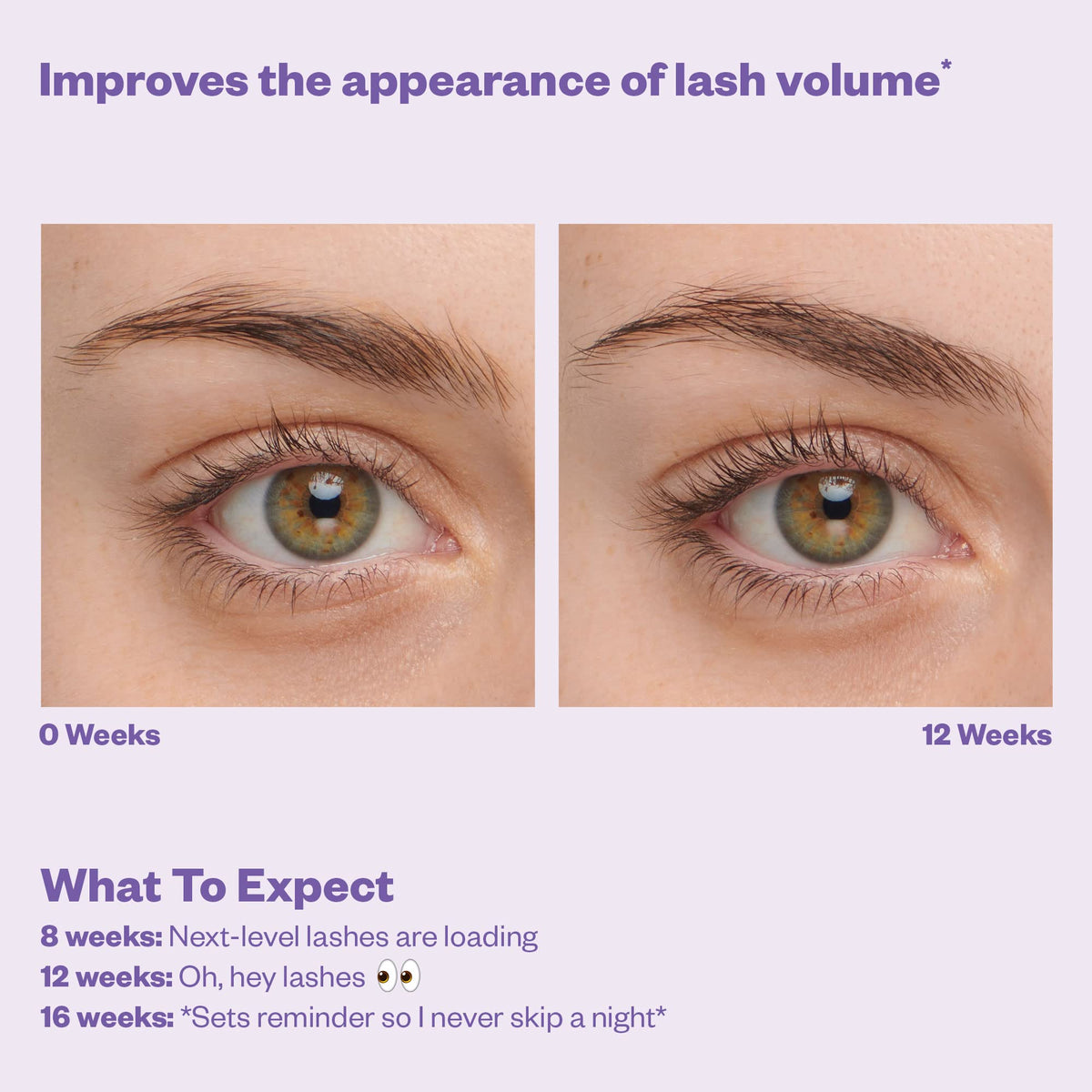 Before and after imagery of enhanced lash length and brow definition.