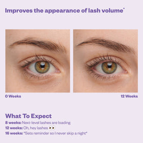 Before and after imagery of enhanced lash length and brow definition.