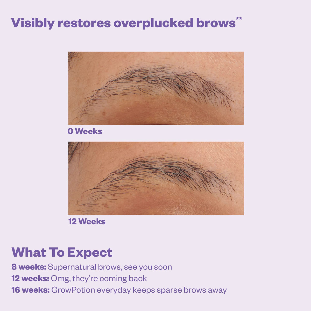 Brow and lash visuals showing feathery, fuller appearance with Grow Potion.