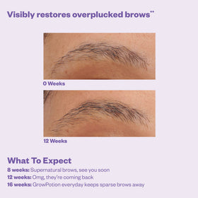 Brow and lash visuals showing feathery, fuller appearance with Grow Potion.