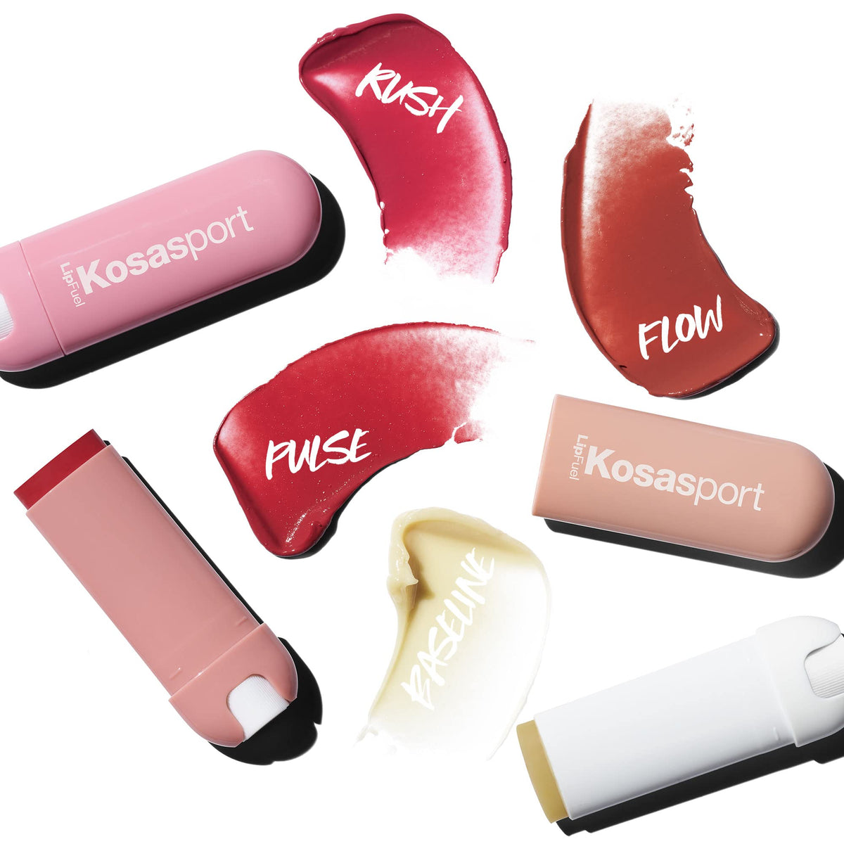 Kosas Lipfuel ingredient visuals featuring konjac root and hyaluronic spheres.