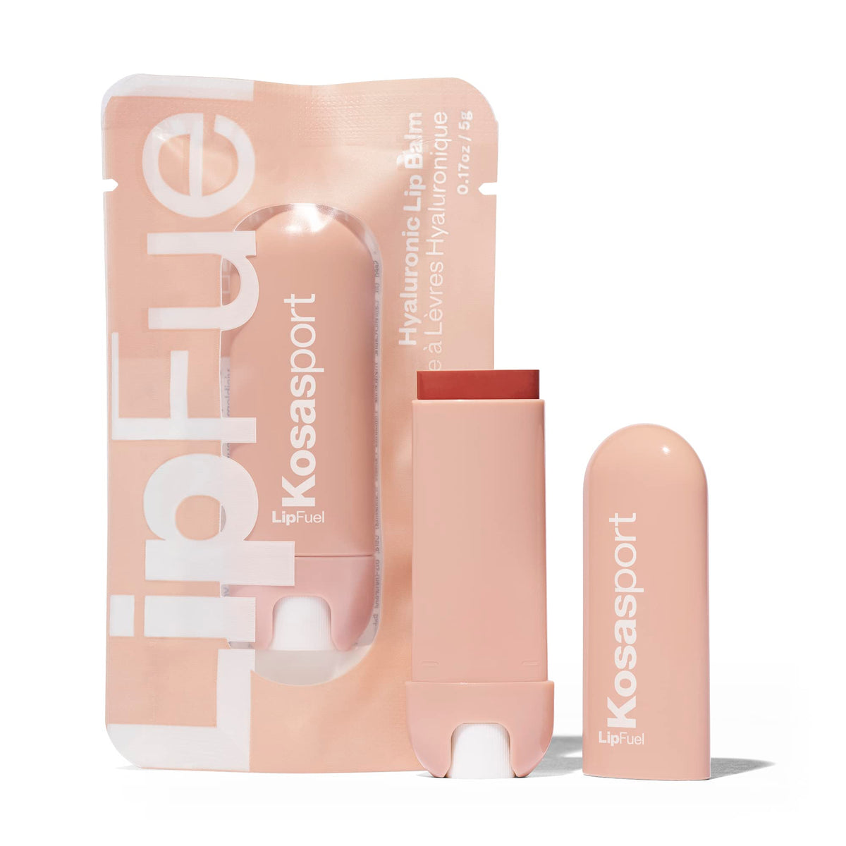 Kosas Lipfuel Hyaluronic Active Sport Balm packaging closeup showing pocket-friendly design for on-the-go hydration.